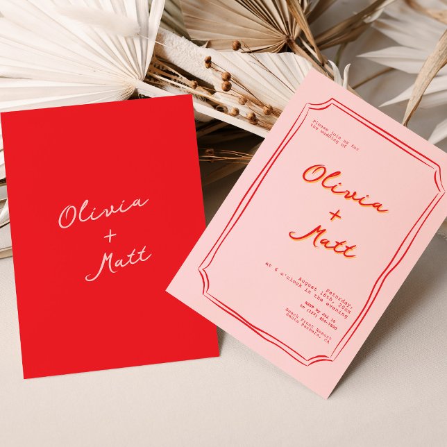 Röd + Rosa Färgrik Bröllopsinbjudan Inbjudningar (red pink wedding, colorful wedding invitation, modern wedding invite, bold wedding invite, vibrant w)