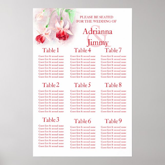 Röd rosa fuchsia Bröllops Bord Placeringsplan 1-9 Poster (Framsidan)