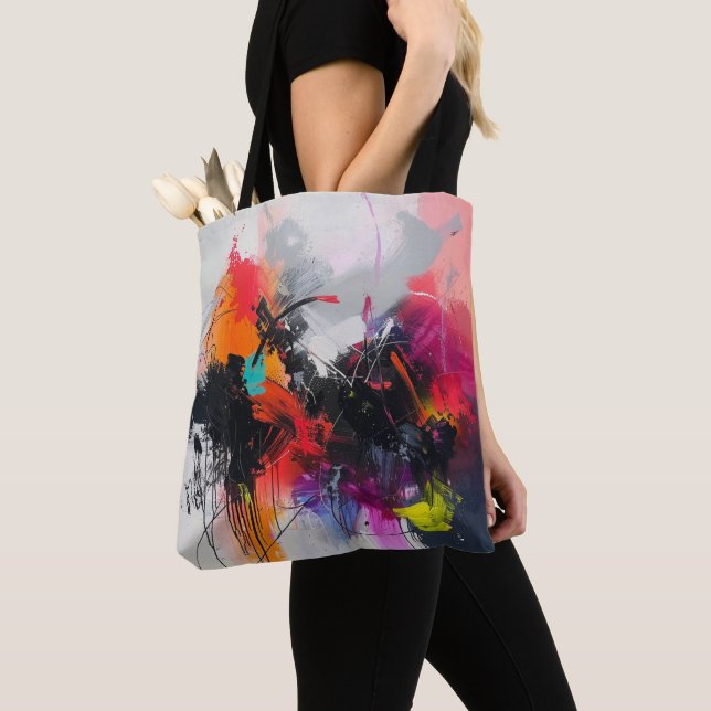 Röd Rosa Grå Texturerad Abstrakt Konst Toteväska Tygkasse (Närbild)