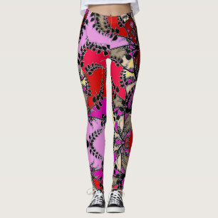 Röd Rosa Gul Svarta Blad Abstrakt Leggings