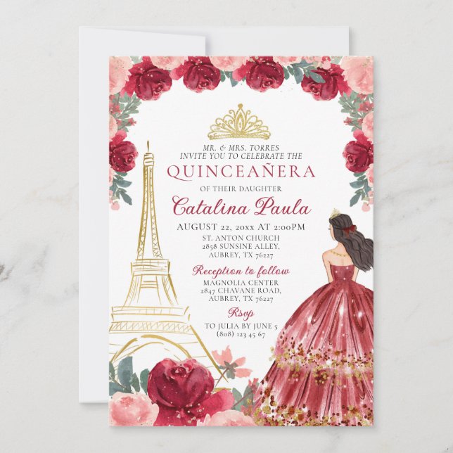 Röd Rosa Guld Tiara Paris Quinceañera Inbjudan (Framsida)