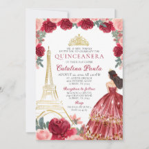 Röd Rosa Guld Tiara Paris Quinceañera Inbjudan
