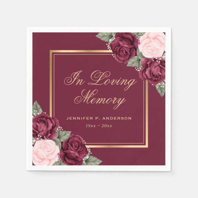 Röd Rosa Guld Watercolor Blommigt Funeral Memorial Pappersservett (Framsidan)