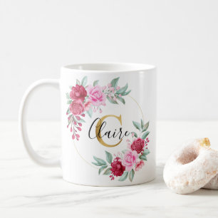 Röd Rosa Guld Watercolor Blommigt Monogram C Kaffemugg