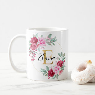 Röd Rosa Guld Watercolor Blommigt Monogram E Kaffemugg