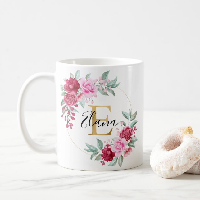 Röd Rosa Guld Watercolor Blommigt Monogram E Kaffemugg (Med munk)