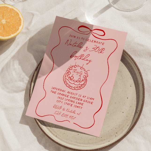 Röd Rosa Hand plockade Cake Quirky Unik födelsedag Inbjudningar (Skapare uppladdad)