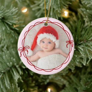 Röd Rosa Handritad Båge Ram Nyfödd Babys Foto Julgransprydnad Keramik