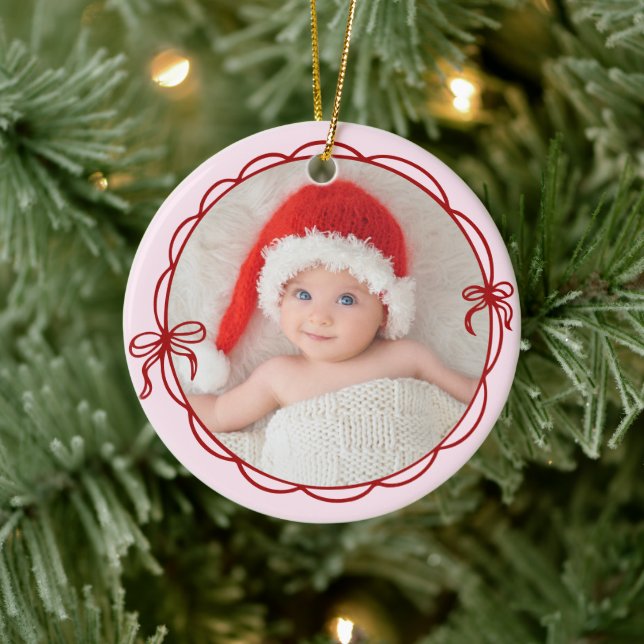 Röd Rosa Handritad Båge Ram Nyfödd Babys Foto Julgransprydnad Keramik (Träd)
