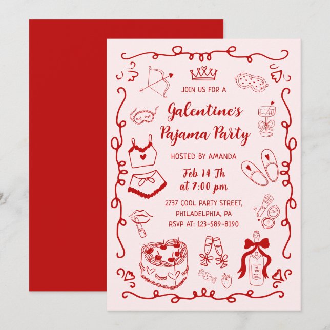 Röd Rosa Handritad Galentine's Day Pyjamasfest Inbjudningar (Fram/baksida)