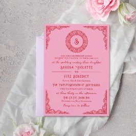 Röd Rosa Handritad Spets Vintage Monogram Inbjudningar