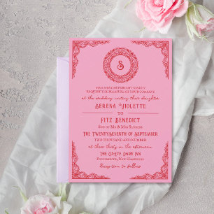 Röd Rosa Handritad Spets Vintage Monogram Inbjudningar