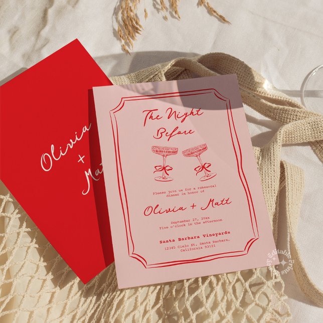 Röd + Rosa Handskriven Övningsmiddag Inbjudan (whimsical rehearsal dinner cocktails drinks wedding invite)