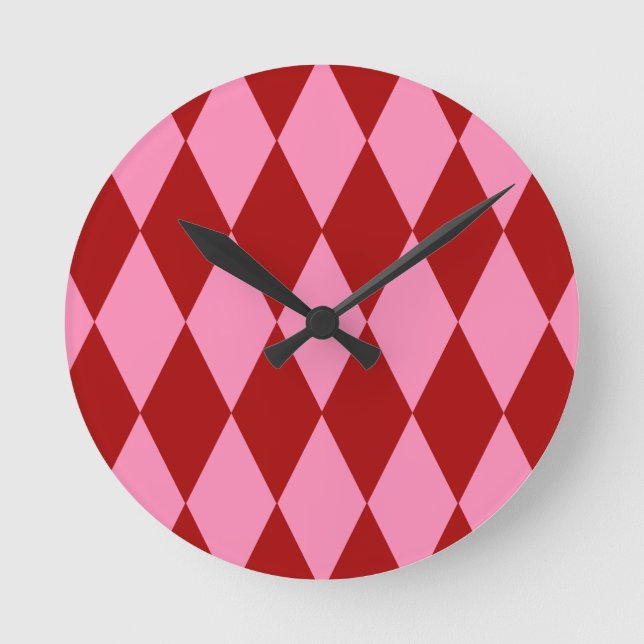 Röd Rosa Harlekin Rutig Design  Rund Klocka (Framsida)