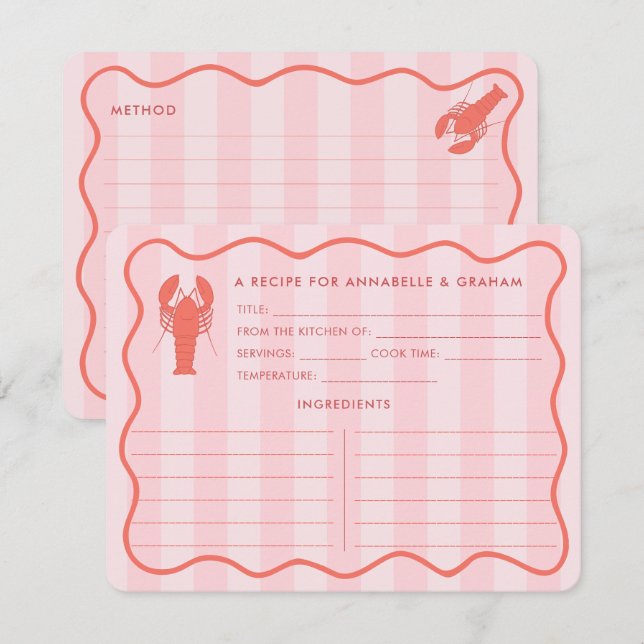 Röd Rosa Hummer Doodle Bröllopsdusch Receptkort Inbjudningar (Fram/baksida)