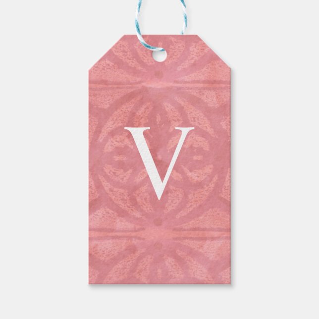 Röd rosa monogram vattenfärg presentetikett (Framsidan)