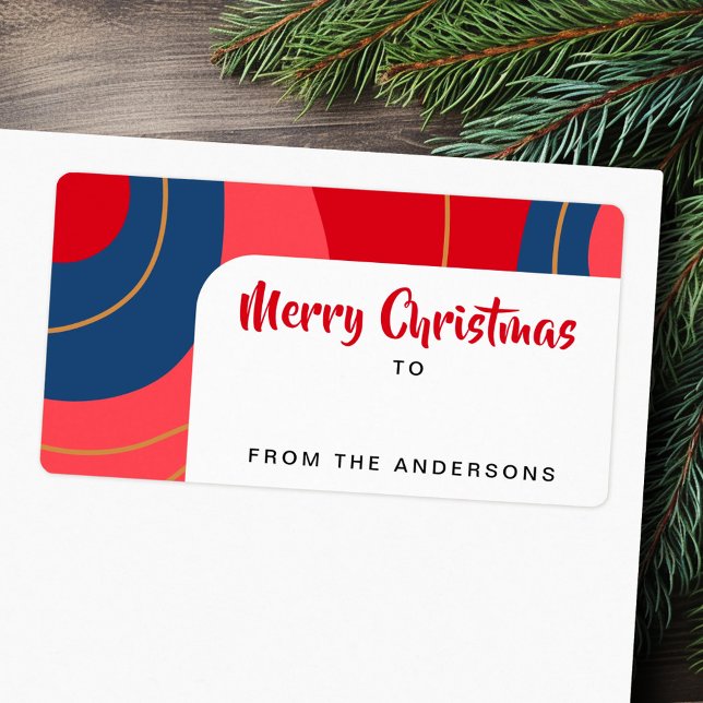 Röd rosa, mörk blått julklapp till från gåva fraktsedel (Red pink dark blue retro Christmas to from gift Label)