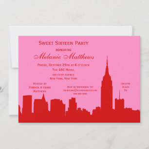 Röd Rosa NYC Siluett av Stadens Skyline Sweet Sixt Inbjudningar