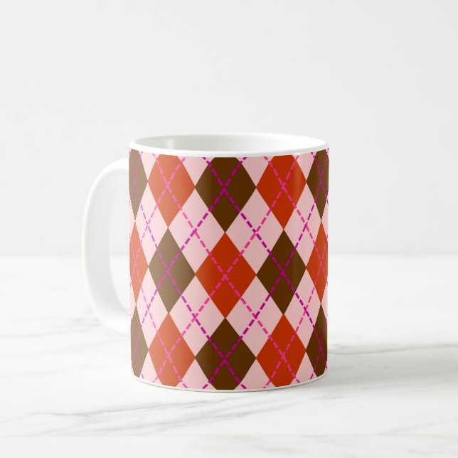 Röd rosa och brun Argyle-mönster Kaffemugg (Framsida vänster)