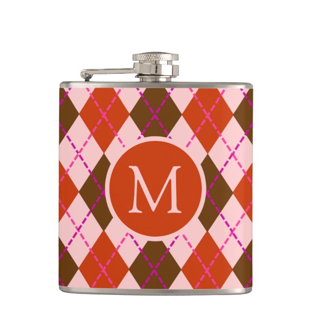 Röd rosa och brun argyle-mönster monogram fickplunta (Framsidan)