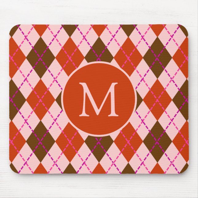 Röd rosa och brun argyle-mönster monogram musmatta (Framsidan)