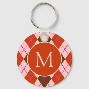 Röd rosa och brun argyle-mönster monogram nyckelring