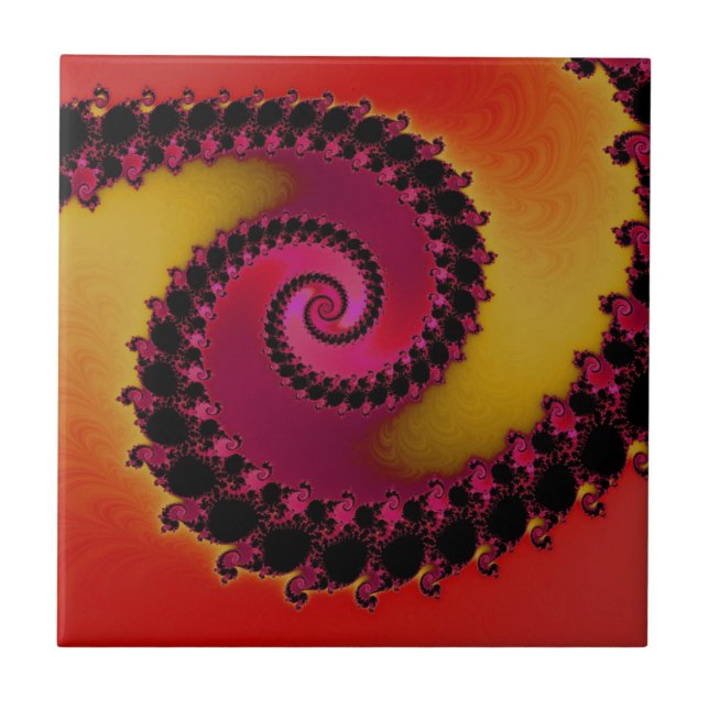 Röd rosa och gul soluppgång Spiralfraktal  Kakelplatta (Framsidan)