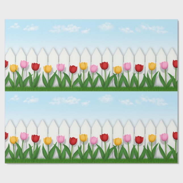 Röd Rosa och Gult Tulips White Picket Fence Tiling Presentpapper (Platt)
