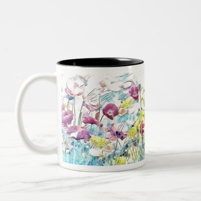 Röd, rosa och gult vår blommor Två-Tonad mugg (Vänster)
