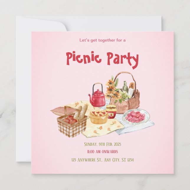 Röd Rosa Picknick Illustration Platt Kort (Framsida)