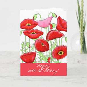 Röd Rosa Poppy Flowers 30:e Grattis på födelsedage Kort