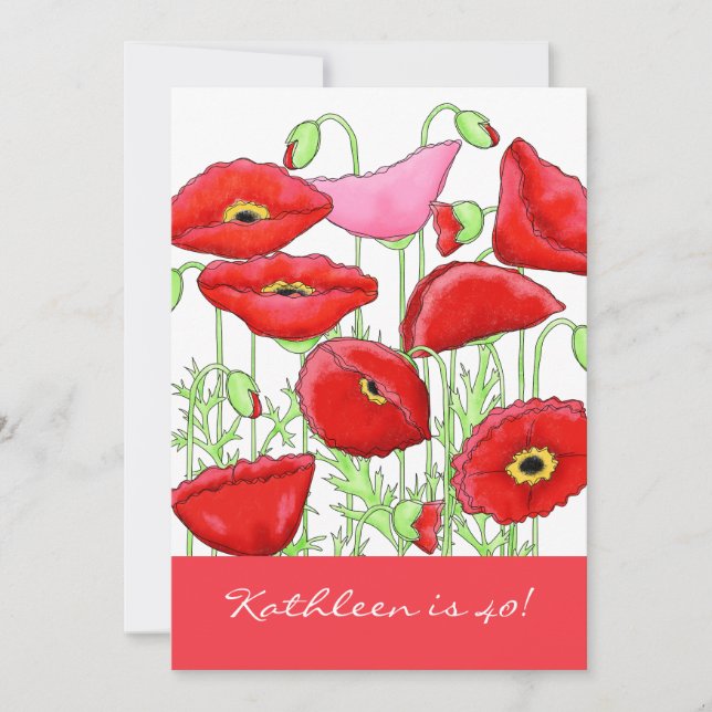 Röd Rosa Poppy Flowers 40:e födelsedagen Party Inb Inbjudningar (Framsida)