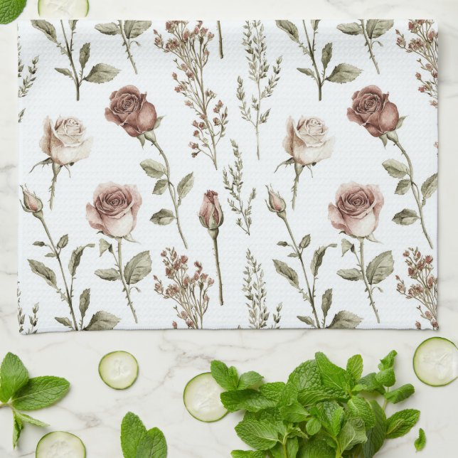 Röd Rosa Ros Blommig   Kökshandduk (Vikta)