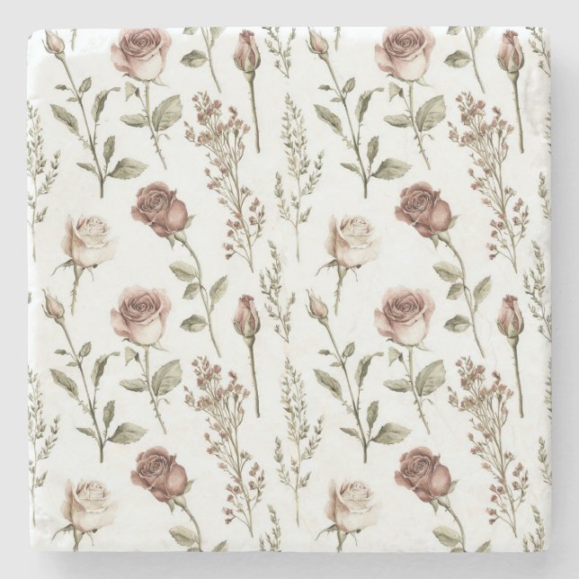 Röd Rosa Ros Blommig   Stenunderlägg (Framsidan)