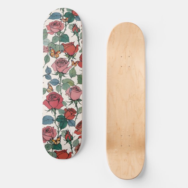 Röd & Rosa ros med Löv och monarch Butterflies Mini Skateboard Bräda 18,5 Cm (Framsida)