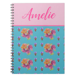 Röd Rosa Ros Shabby Chic Teal Aqua Blommig Blomma Anteckningsbok