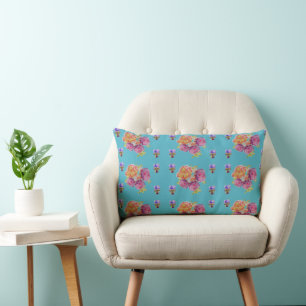 Röd Rosa Ros Shabby Chic Teal Aqua Blommig Blomma Lumbarkudde