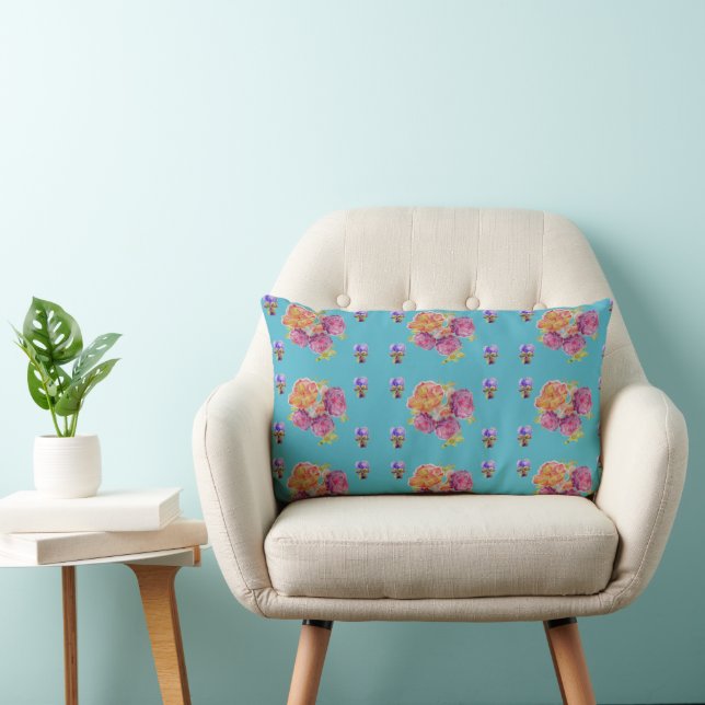 Röd Rosa Ros Shabby Chic Teal Aqua Blommig Blomma Lumbarkudde (Stol)
