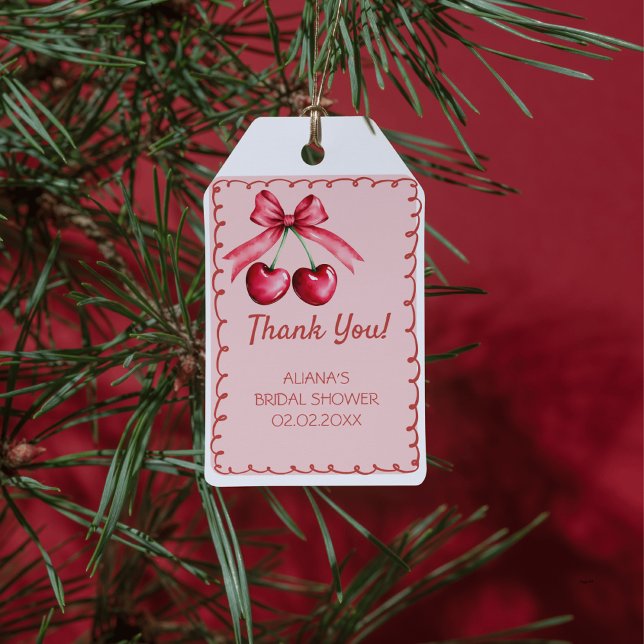 Röd Rosa Söt Rosett Körsbär på toppen Bröllopsshow Presentetikett (Skapare uppladdad)