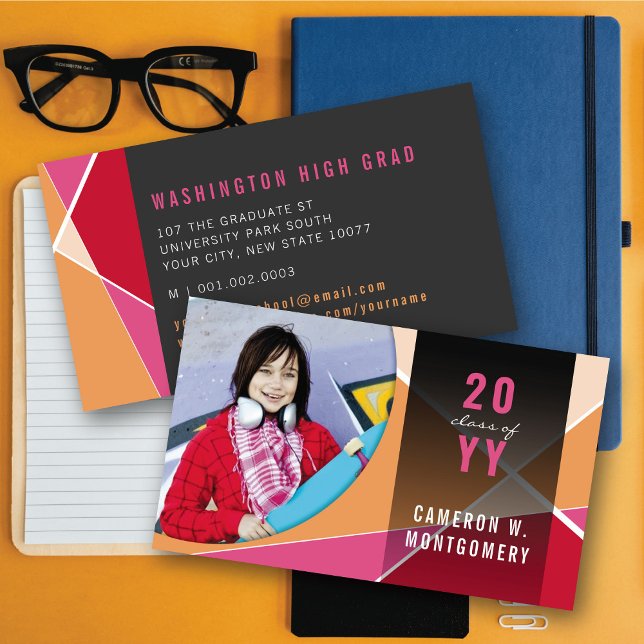 Röd Rosa Stilfull Geometriska Linjer Modern Fotogr (Fuchsia Stylish Geometric Criss Cross Photo Graduation Calling/Name Card @ zazzle.com/color_therapy)