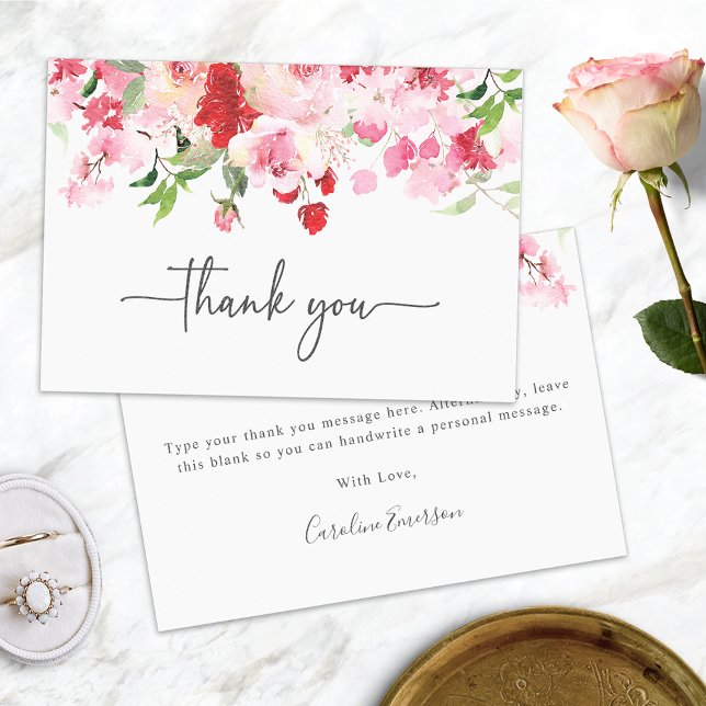 Röd Rosa  Tack Kort (Red and Pink Roses Thank You Card for Bridal Shower or Weddings by Painted Paperie
)