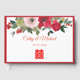 Röd rosa vattenfärgsfärgad blommigt modern kinesis gästböcker