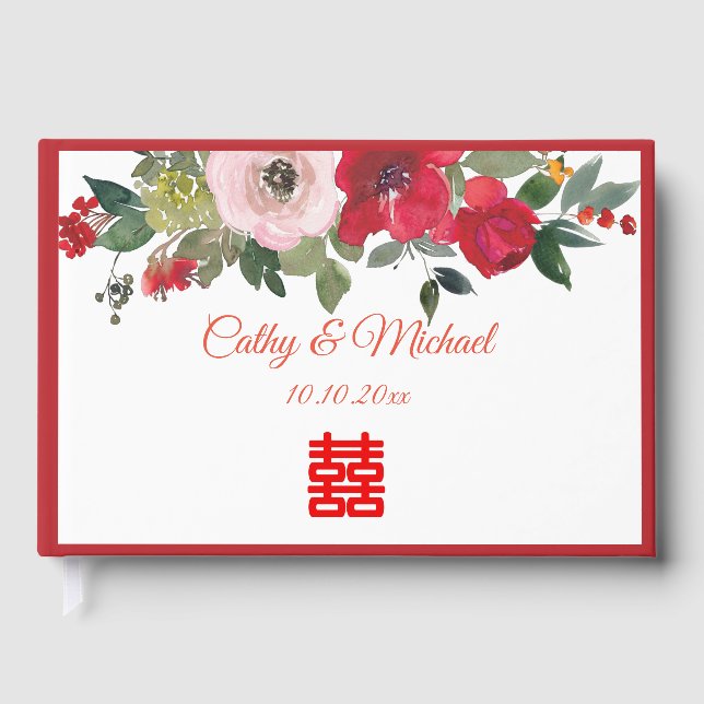 Röd rosa vattenfärgsfärgad blommigt modern kinesis gästböcker (Framsida)