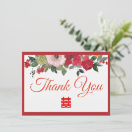 Röd rosa vattenfärgsfärgad blommigt modern kinesis tack kort