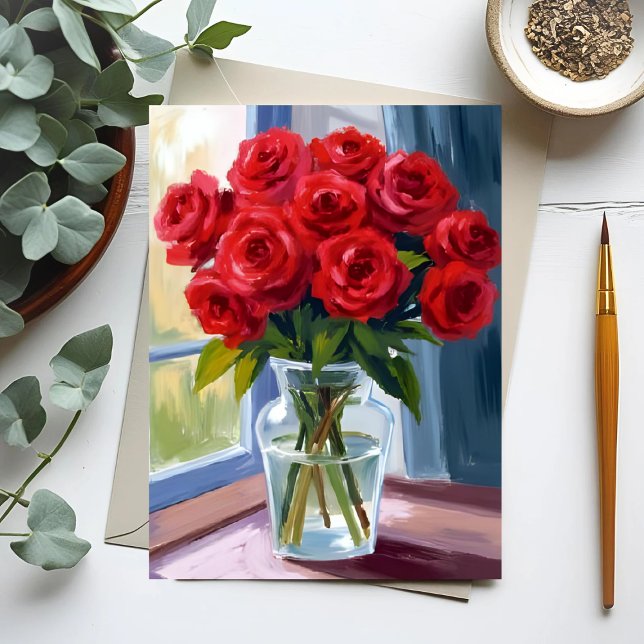 Röd rosbukett blomvas akvarell vykort (Skapare uppladdad)