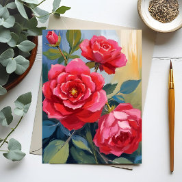 Röd Rosbuske | Akvarell Blommålning Vykort