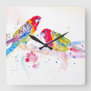 Röd Rosella Papegoja Papegojor Fåglar Akvarell Hus Fyrkantig Klocka