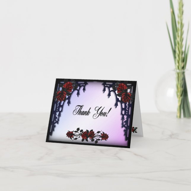 Röd Rosen Gotisk Bröllopsjärn Grind Lila Tack Kort (Framsida)