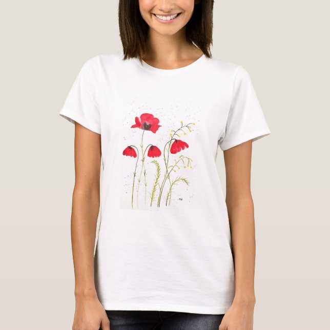 Röd, rosenapsblomma, målad blommigt av vallmo t shirt (Framsida)