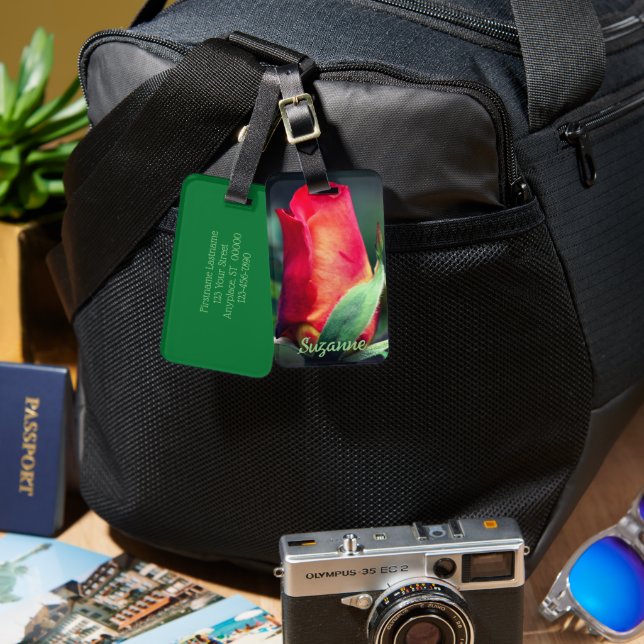 Röd Rosenknopp Blommans Personlig Bagagebricka (Fram & Baksida)